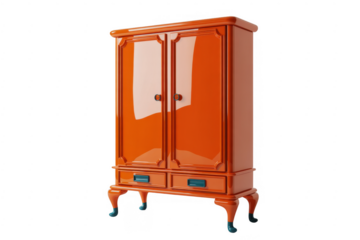 Shiny orange antique armoire with two drawers and ornate legs isolated on a transparent background