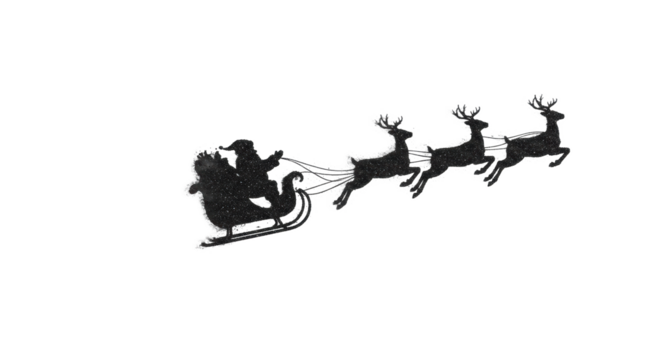 High-contrast silhouette of santa and sleigh, made of black metallic glitter and charcoal dust, volatile macro detail on stark white backdrop. Concept of abstract holiday magic