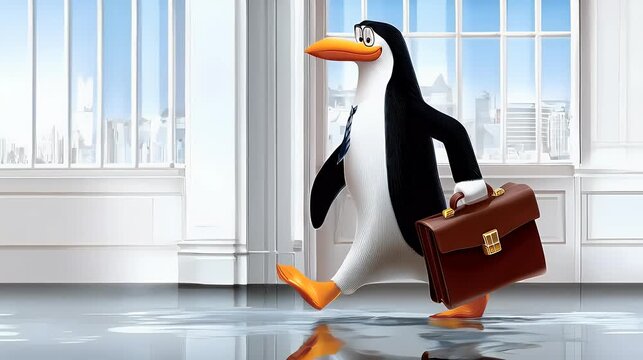 Cartoon penguin businessman with briefcase walking indoors