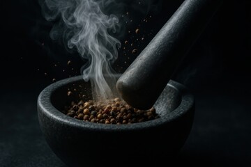 Preparing Fresh Ground Spices Using Classic Mortar and Pestle Kitchen Tools