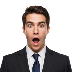 Young businessman with wide eyes and open mouth expressing shock surprise astonishment isolated on transparent background