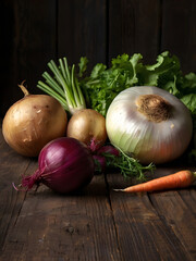mixed fresh onions and carrots on wood background