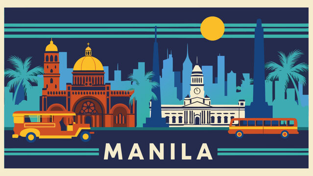 Dynamic Manila Philippines Urban Scene Retro Vector Art Featuring Historic Architecture, Jeepney, and Bus Against Sunset Sky