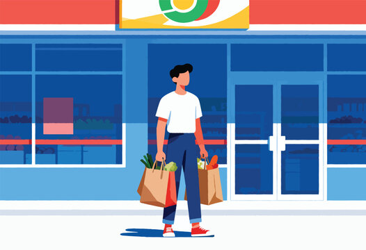Illustration of a person exiting a store, holding grocery bags. Store front is in blue. Vegetables are visible