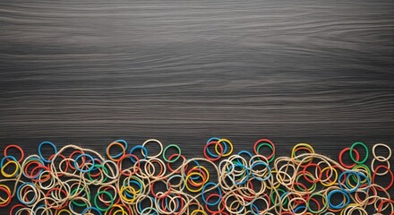 Colorful rubber bands on dark wood background for creative office supplies