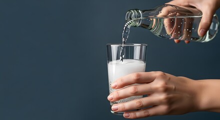 Pouring a refreshing ouzo drink into a tall glass with ice cubes