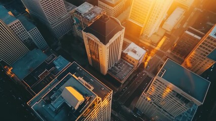 Close up view of Louisville downtown buildings reflecting golden sunset light, Close up of Louisville downtown buildings with gorgeous sunrise cresting horizon aerial video