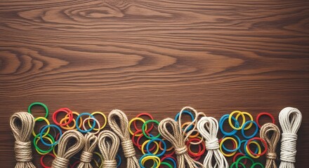 Colorful rubber bands and natural rope coils on a rustic wood background