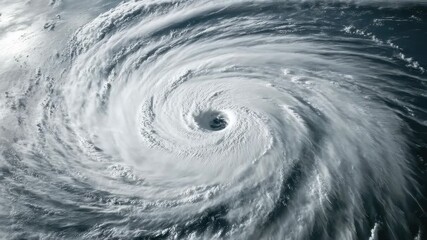 A massive cyclone forms as winds swirl intensely over the ocean surface, creating a defined eye at the center, 4K Cinemagraph Collection - Hurricane Isabel Seamless - Powered by Adobe