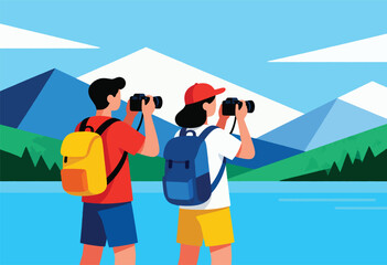 Two hikers with backpacks, taking photos of mountains and a lake under a blue sky