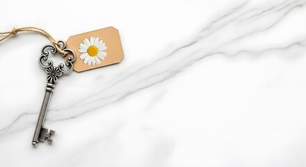Vintage key with daisy tag on marble background for romantic designs