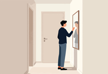 Fototapeta premium A person in a hallway examines a reflection in a mirror. Doors and walls are beige, creating a calm atmosphere