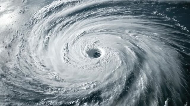 A massive cyclone forms as winds swirl intensely over the ocean surface, creating a defined eye at the center, 4K Cinemagraph Collection - Hurricane Isabel Seamless