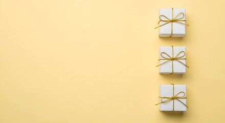 Three wrapped gifts in a row on a light yellow background