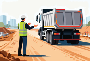 An illustrated construction scene shows a worker directing a dump truck on a dusty road. Construction in background