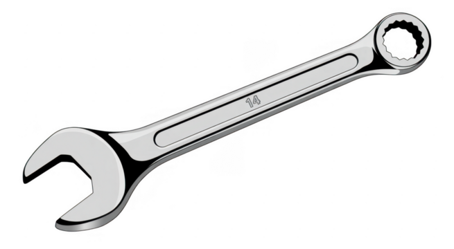 Silver combination wrench with size fourteen marking on black background isolated on a transparent background - Powered by Adobe