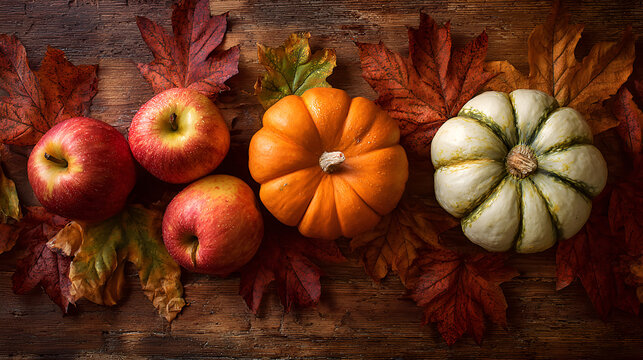 Autumn harvest of apples and pumpkins on a rustic wooden background