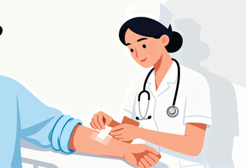 Fototapeta premium An illustration depicting a nurse applying a bandage to a patient's arm