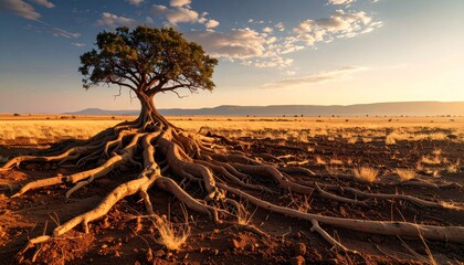 High-End Photography of a Single Gigantic Tree Root Lying Across the Horizon of a Vast Dark Earth Wilderness
