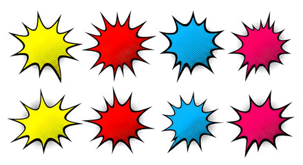 Colorful comic book style explosion or burst shapes isolated on transparent background