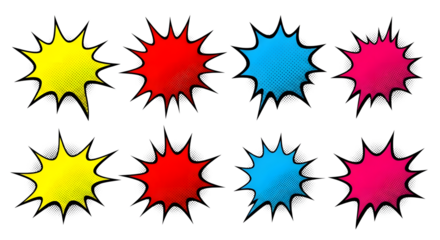 Colorful comic book style explosion or burst shapes isolated on transparent background