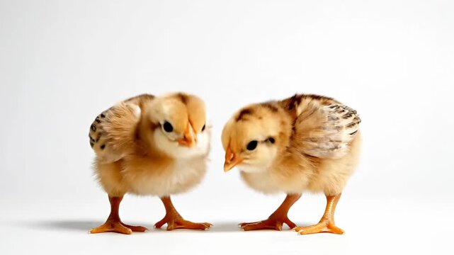 Two fluffy yellow chicks stand on a white surface, one bending down to peck at the ground