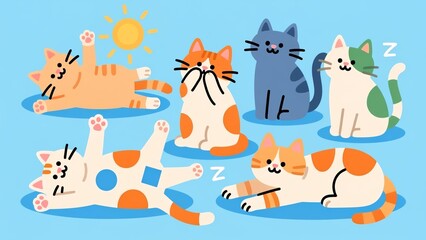 Playful cartoon cats in various adorable poses on a sunny day, showcasing a charming collection of their expressions and relaxing moments