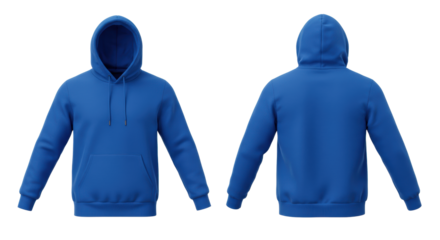 vibrant royal blue blank hooded sweatshirt, thick cotton fleece, showing front/back views, isolated aerial flat lay shot on transparent background. concept for luxury apparel branding mockup