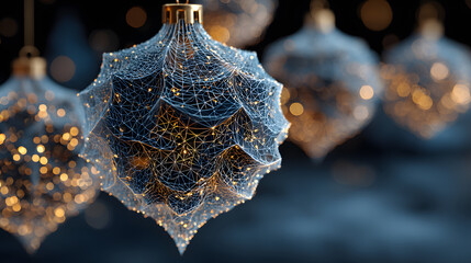 Uturistic wireframe christmas balls in low poly 3d style on blue background featuring glowing lines and digital festive decoration, perfect for modern merry christmas and new year 2026 banner design w