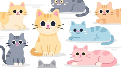 Cute illustrated cats in various poses and colors