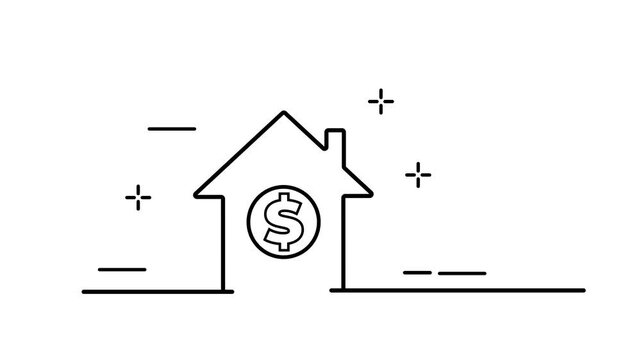 House and dollar. Private property, real estate purchase, financial management. Business concept. One line drawing animation on White background.