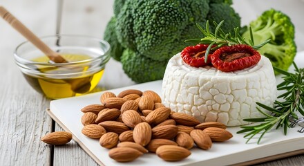 Nutritious composition with ricotta cheese, almonds, broccoli, olive oil, sundried tomatoes and rosemary