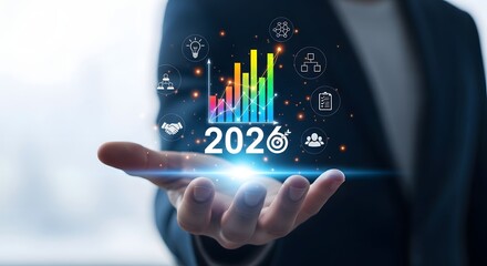 Professional holding a glowing 2026 bar chart symbolizing future business growth and data analytics