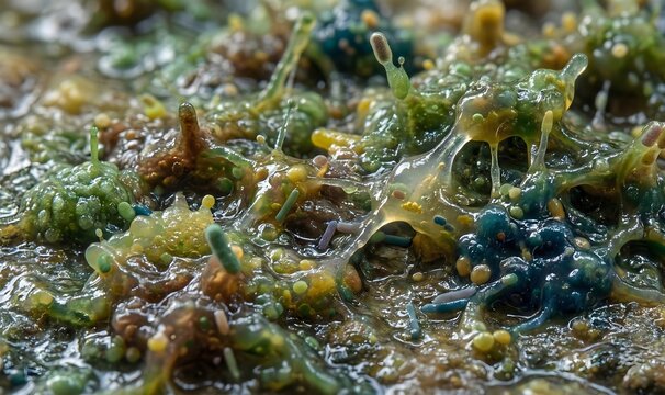 Macro texture of green and brown organic slime or moss suitable for biology themes and grunge nature backgrounds with high detail and wet surface.