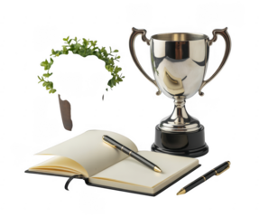 Silver trophy with open notebook and pens on black background isolated on a transparent background