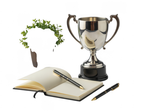 Silver trophy with open notebook and pens on black background isolated on a transparent background