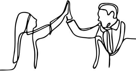 Continuous line drawing of colleagues giving a high five

