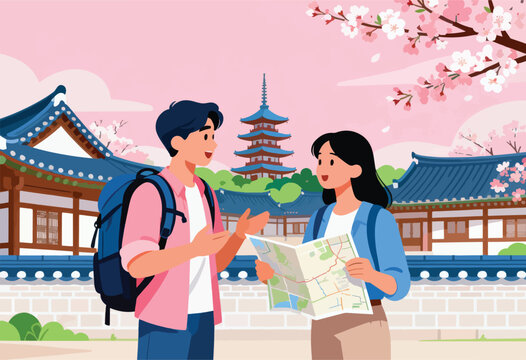 Two travelers, map in hand, explore a traditional Asian city with blossom trees and a pagoda in the background