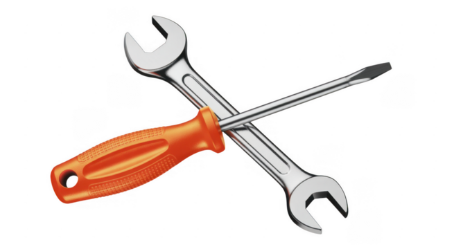 Silver wrench crossed with orange handled screwdriver isolated on a transparent background