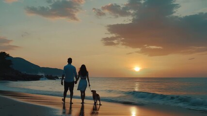 Happy couple enjoys a sunset stroll on the beach while walking their dog along the shore, Happy couple walking and playing with their dog on the beach at sunset Slow Motion - Powered by Adobe
