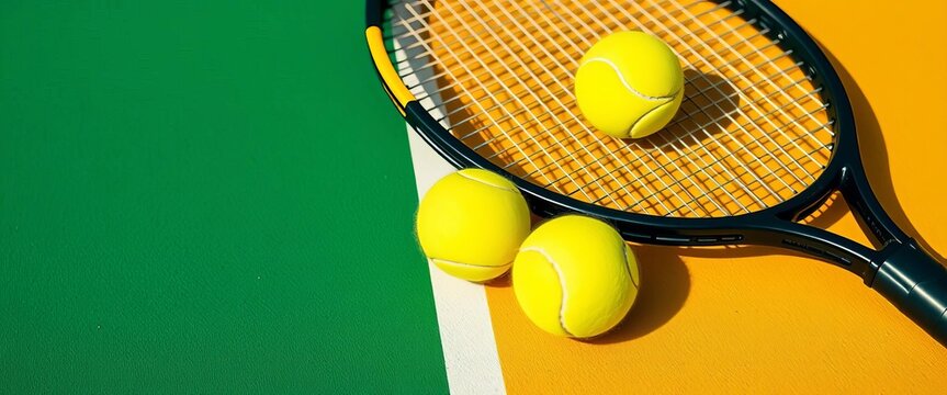 Bright yellow tennis balls and racket rest on vibrant green, blue, and yellow tennis court lines, surface, fitness