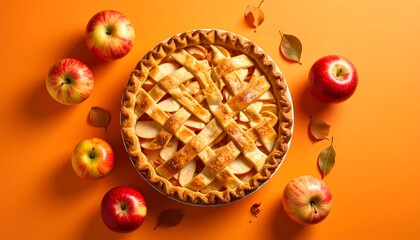Delicious homemade apple pie surrounded by fresh apples.