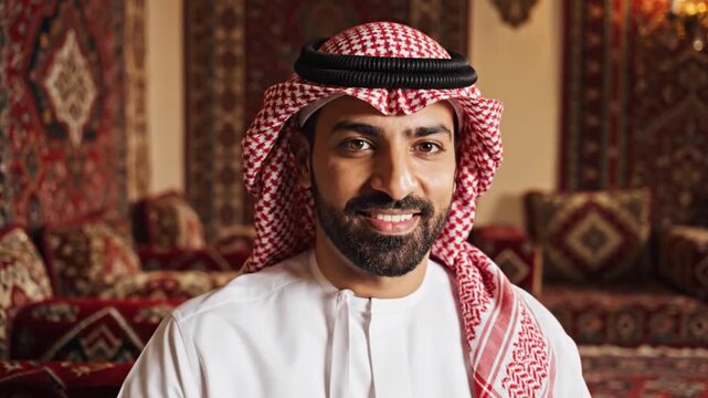 A confident and happy Arab man wearing traditional ghutra and thobe attire smiling warmly at the camera in an authentic setting