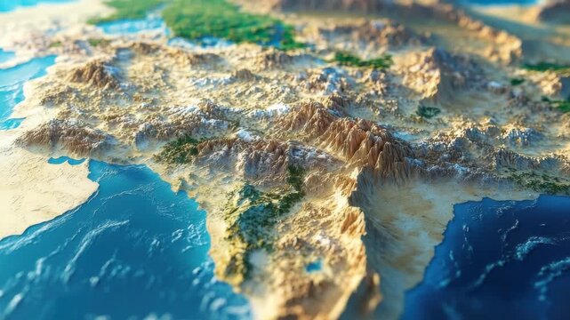 Detailed earth zoom visualization highlighting the Middle East region showcasing landscapes and geographical features, Earth Zoom to the Middle East Broadcast quality Rendered at 32-bit float depth