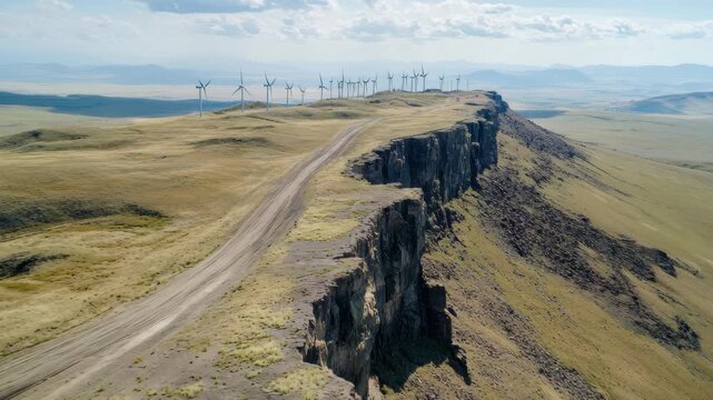 Wind turbines positioned on a rugged ridge overlooking expansive plains in bright daylight, Aerial shot of a row of wind turbines along the ridge of a mountain