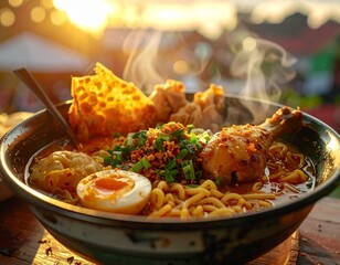 Realistic close-up of mie ayam with seasoned chicken topping, bakso, broth, and fried dumpling in enamel bowl.