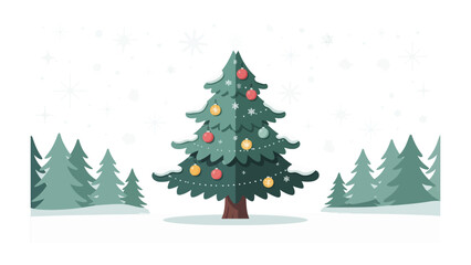 Festive Pine: A meticulously designed illustration showcases a decorated pine tree amidst a snowy landscape, adorned with ornaments and twinkling lights.
