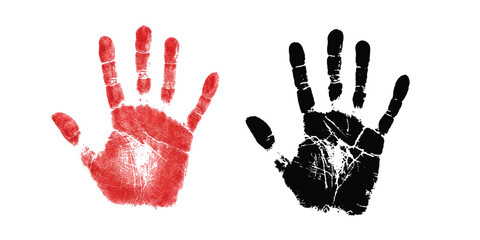 Contrasting red and black handprints on white background, human identity