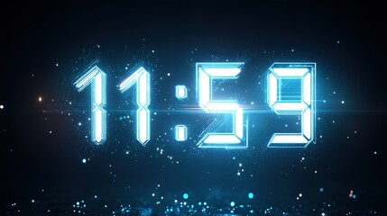 A futuristic neon countdown clock glowing at 11:59 with sparkling particles and a high-tech atmosphere. Perfect for New Year themes, event countdowns, digital designs, and modern celebrations.