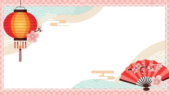 Traditional Asian Background with Lantern Cherry Blossoms and a Fan Design
